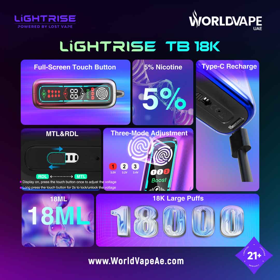 Lost Vape Lightrise TB 18000 Puffs Disposable Vape Specifications Available At WorldVape Uae Vape SHop Abudhabi